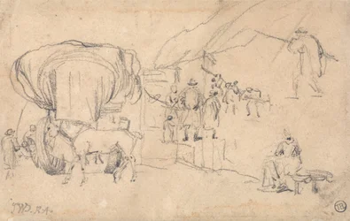Blad met schetsen: wagen, paard, melkmeid en andere figuurstudies